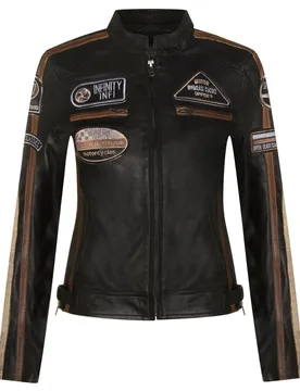 Women's Leather Biker Racing Badges Jacket-Agadir in Black Size: 24 - Black - Size: 24 - Infinity Leather - FashionsVida
