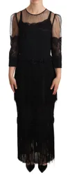 Womens Midi Dress 34 Sleeves Lace Fringe - Black Silk - Size Eu 40 (Womens)