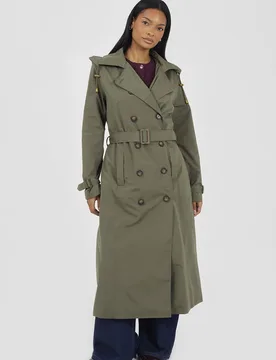 Womens Light Khaki Double-Breasted Longline Trench Coat With Detachable Hood - Size 10 Uk - Brave soul - FashionsVida