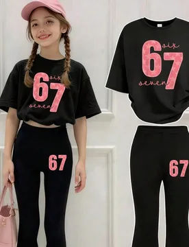 Este conjunto casual diseñado para niñas presenta un diseño de estampado de letras de moda, que incluye una camiseta de manga corta de cuello redon - Shein - FashionsVida
