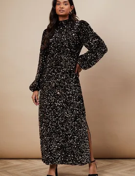 Womens Occasion Velvet Sequin High Neck Midi Dress - Black - Size 8 Uk - OASIS - FashionsVida