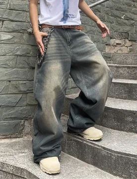 Pantalones vaqueros holgados de pierna ancha y desgastados informales para hombres L - Shein - FashionsVida
