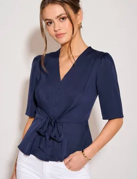 Women's Navy Short Sleeve Tie Front Satin Top Size: 18 - Navy - Size: 18 - LOVE SUNSHINE - FashionsVida