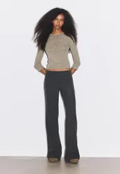 Gestreifte Straight-Leg-Hose mit tiefem Bund Dunkelgrau 34