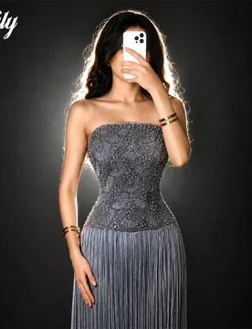 Lily Grey Strapless Evening Dress Fan Pattern Beaded Bodice Prom Dress Long Fringe Formal Gown Mermaid robe de bal Customized - Aliexpress - FashionsVida