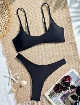 Piezas/Set Bikini de unicolor para mujer, sujetador sexy con tirantes ajustables de espagueti y braguita atrevida, para natación de verano y ropa de - Shein - FashionsVida