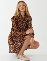 Tie Front Frill Shoulder Dress - 10 / CHOCOLATE - female