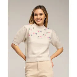 Jersey de mujer de punto de manga corta con pajaritos bordados