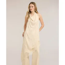 Vestido asimétrico de satén con drapeado escote halter con drapeado cierre con botones