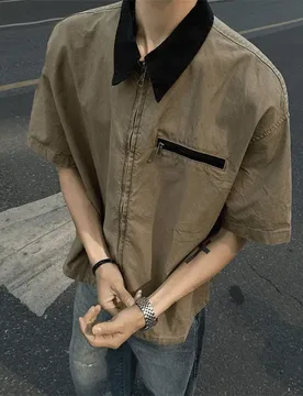 Summer Zippered Short-sleeved Shirt New Lapel Loose Cargo Casual T-shirt - Aliexpress - FashionsVida