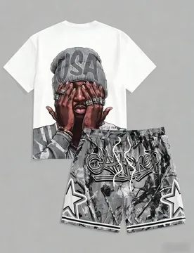 Men's Summer Fashion Figure Letter Print Micro Elastic Breathable Round Neck T-shirt Drawstring Shorts Set Outdoor Streetwear - Aliexpress - FashionsVida