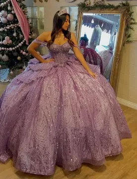 Shiny Purple Quinceanera Dress off-shoulder crystal glitter Decal Long tail layering Bow Vestidos De 15 Quinceanera ﻿Customize - Aliexpress - FashionsVida