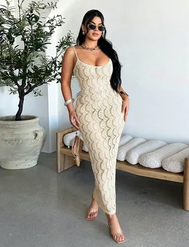 Vestido sin mangas ajustado con calados de encaje midi marrón y blanco para mujer, vestido de verano para playa y fiesta, sexy y tropical XS - Shein - FashionsVida