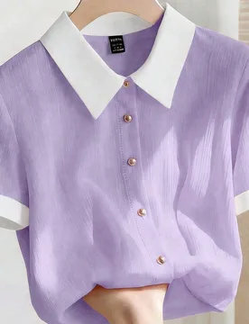 Blusa suelta de manga corta con cuello blanco de gasa arrugada elegante de color rosa para mujer M - Shein - FashionsVida
