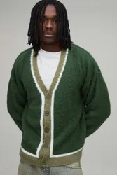 Herren Große Größen Entspannte Kastige Kontrast Gebürstete Gestrickte Strickjacke Olive Größe Medium