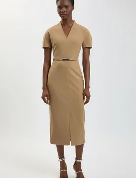 Womens Compact Stretch Tailored Belted Midi Pencil Dress - Beige Cotton - Size 8 Uk - Karen millen - FashionsVida