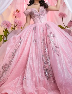 Pink Shiny Quinceanera Dresses Off The Shoulder Sequin Applique Lace Beading Tull Party Birthday Sweet 16 Dres Vestidos 15 De - Aliexpress - FashionsVida