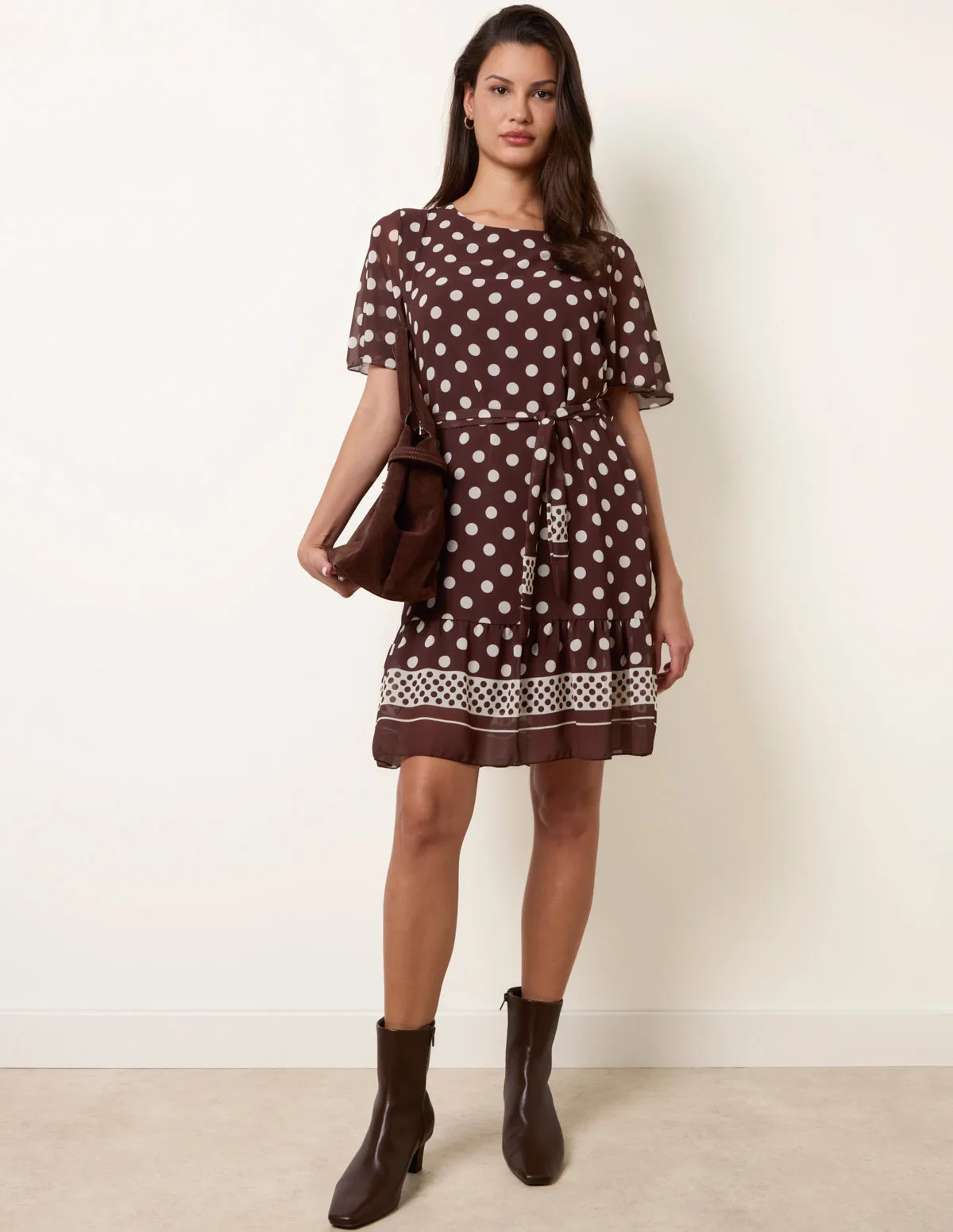 Polka Dot Short Sleeve Border Dress - L / CHOCOLATE - female - Blue Vanilla - FashionsVida