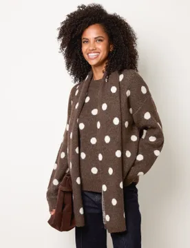 Polka Dot Knit Jumper With Scarf - M/L / CHOCOLATE - female - Blue Vanilla - FashionsVida