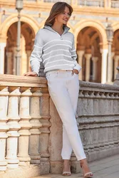 Womens Grey & White Stripe Half Zip Jumper - Size Small