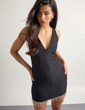 Womens Pearl Trim Structured Mini Dress - Black - Size 14 Uk - Boohoo - FashionsVida