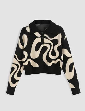 Womens Polo Collar Jacquard Knit Sweater - Black - Size Medium - Hiccup - FashionsVida