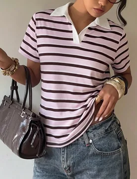Camiseta polo de rayas para mujer de manga corta, top de verano para vacaciones, streetwear, festival de música, vuelta al colegio XL - Shein - FashionsVida