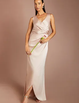 Women's Honoured Ruched Waist Detail Satin Bridesmaid Dress in Mocha Size: 16 - Mocha - Size: 16 - Coast - FashionsVida
