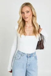 Womens Petite Second Skin Square Neck Long Sleeve Top - White - Size 16 Uk