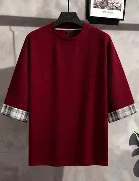 Camiseta casual holgada de cuello redondo con hombros caídos y diseño de cuadros patchwork para hombre talla grande 3XL - Shein - FashionsVida