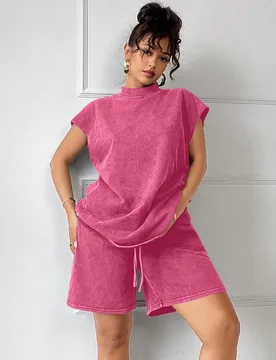Conjunto de 2 piezas: Conjunto informal desgastado - Camiseta de hombros caídos y bermudas de pierna ancha, verano M - Shein - FashionsVida