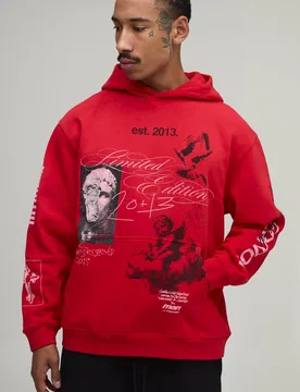 Herren Red Oversized Renaissance Doodle Print Spray Wash Hoodie Sweatshirt Washed Red Größe XS - boohooMAN - FashionsVida