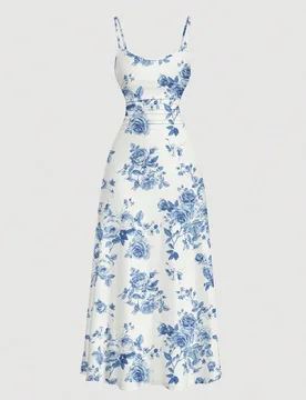 Vestido casual minimalista de Body completo con estampado floral azul y blanco, ropa de vacaciones para mujer, estilo bohemio, ropa hawaiana para muje - Shein - FashionsVida