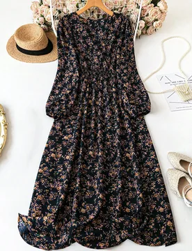 Vestido Maxi Elegante Casual Boho Bohemio con Estampado Floral Manga Larga Cuello en V para Mujer Talla Grande Primavera/Otoño Ropa de Vacaciones Neg - Shein - FashionsVida