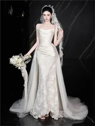 Strapless satin light fishtail lace wedding dress with a tulle tail