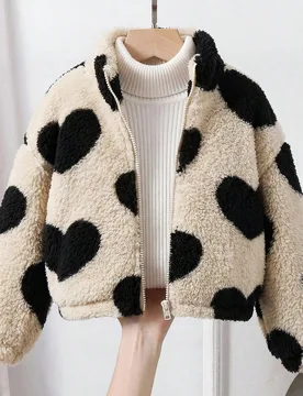Chaqueta térmica de peluche para niña joven con patrón de flores coloridas, cuello alto, manga larga, cremallera, cuello falso, forro polar, cálid - Shein - FashionsVida