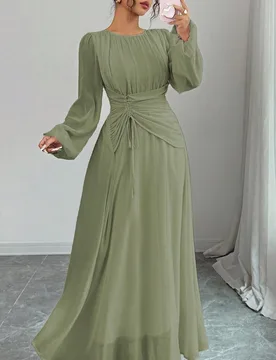 Vestido largo de manga larga con cuello redondo, cintura fruncida con cordón, cintura elástica y línea A para mujer, elegante y casual, ideal para - Shein - FashionsVida