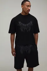 Mens Oversized Boxy Studded T-Shirt & Relaxed Short Set - Black Cotton - Size X-Small