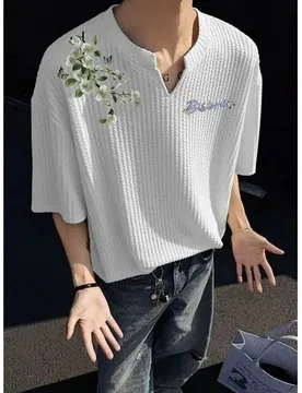 Men's Waffle Textured V Neck T-Shirt Summer American Floral Embroidery Loose Short Sleeve Tee Unisex Streetwear Half Sleeve Tops - Aliexpress - FashionsVida