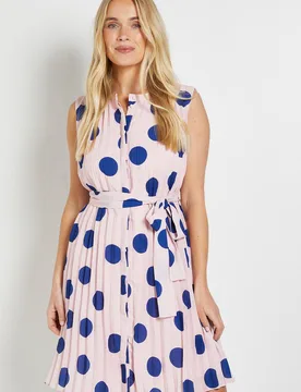 Women's Petite Polka Dot Pleated Shift Dress in Pink Size: 16 - Pink - Size: 16 - Wallis - FashionsVida