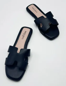 Women's California Faux Leather Open Toe Flat Sliders in Black Size: 4 - Black - Size: 4 - Miss Diva - FashionsVida