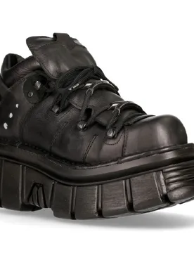 Unisex 106n-S52 Tower Shoes Metallic Black Leather Biker Punk Gothic Boots - Size Eu 43 - New Rock - FashionsVida