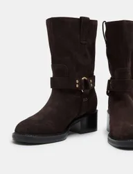 Suede Biker Block Heel Mid Calf Boots Brown female