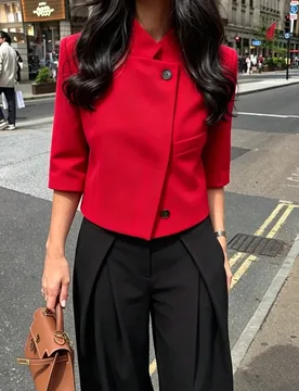 DEEKA Primavera/Verano Nueva Chaqueta Blazer Corta de Manga Corta Estilo Europeo y Americano de Moda Simple y Versátil para Mujer, Rojo Office Siren - Shein - FashionsVida