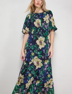 Womens Puff Sleeve Trim Detail Panelled Tea Dress - Navy - Size 10 Uk - OASIS - FashionsVida