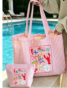 Bolso de lona a rayas vintage, bolso de lona a rayas de gran capacidad con patrón "Langosta a rayas" para mujer - Bolso de hombro de moda adecuado pa - Shein - FashionsVida
