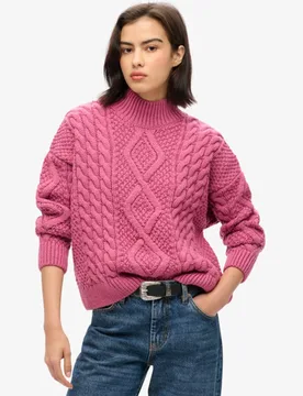 Superdry Damen Aran Polo-strickpullover mit Zopfmuster Pink - Größe: 40 - 94.99 - FashionsVida
