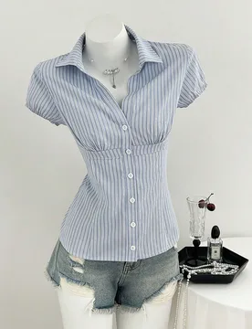 Blusa de mujer con cuello de pico a rayas y manga corta, primavera/verano XS - Shein - FashionsVida
