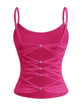 Camisola sexy para mujer con espalda descubierta, cuentas, diseño de corte y lazo cruzado L - Shein - FashionsVida