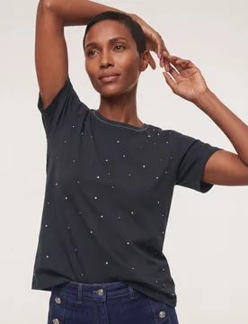 Baumwollshirt mit Glitzersteinen, normale Größen, Farbe Schwarz, 48, feiner Glitzer weiche Baumwollmischung Damen - Walbusch - FashionsVida